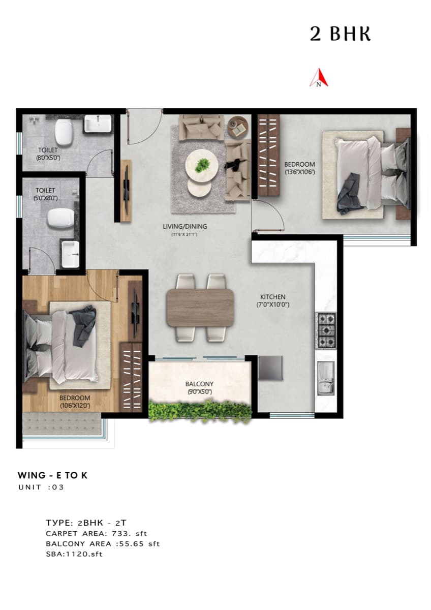 2 BHK floor plan — 1,120 sqft with garden balcony