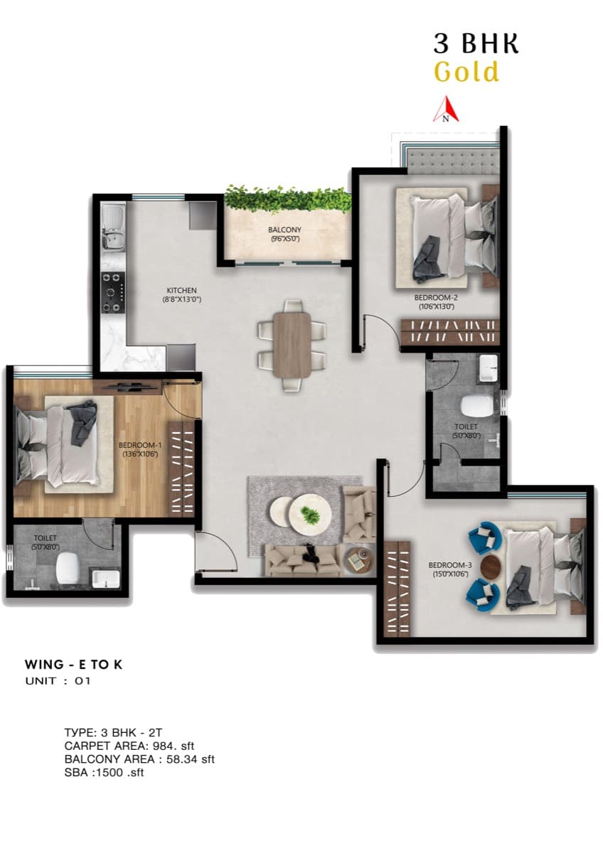 3 BHK Gold floor plan — 1,500 sqft with three balconies