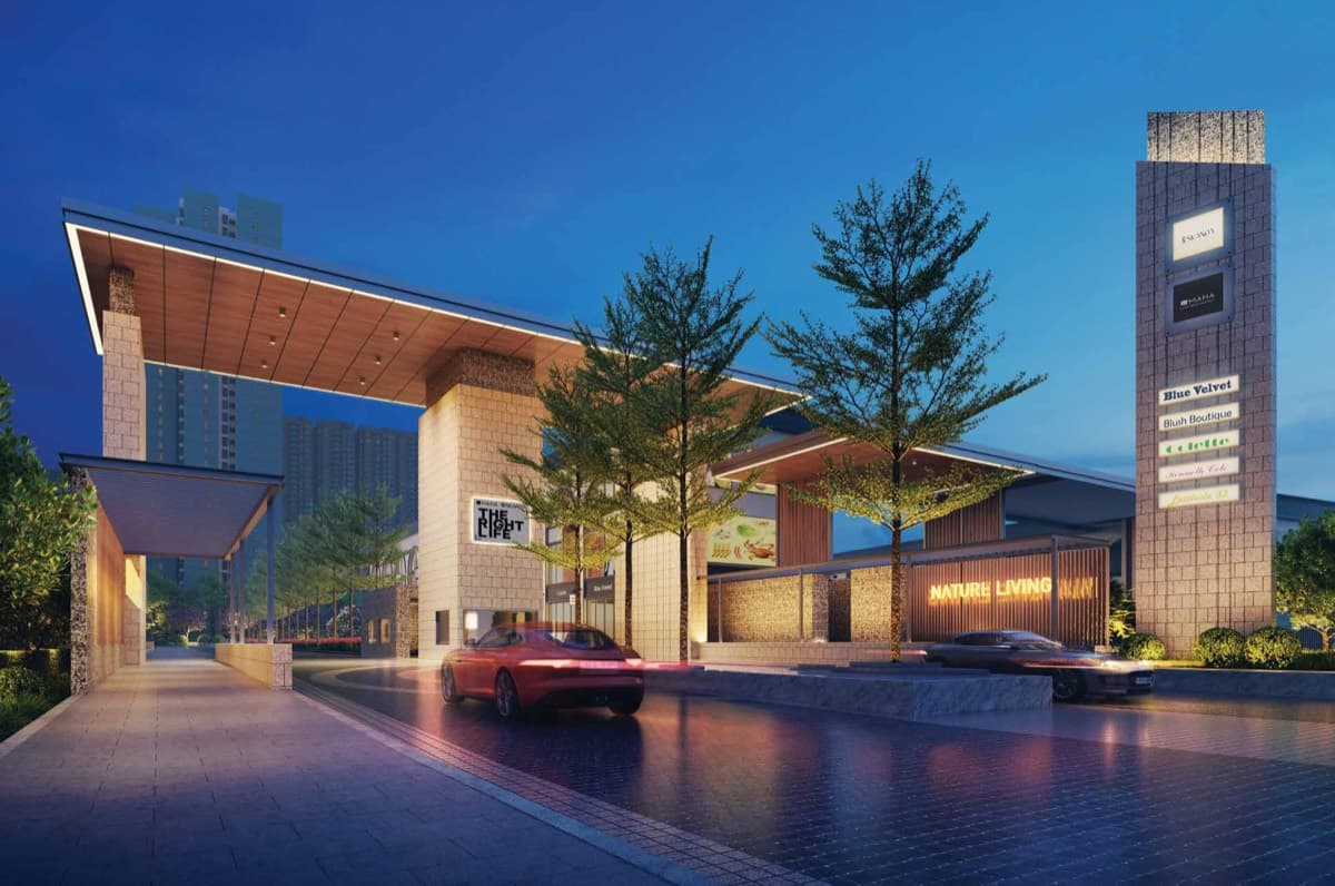 The township's grand entrance pavilion at dusk